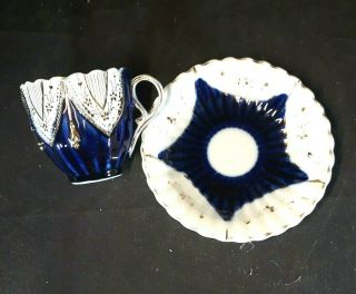 Antique German Cobalt Blue Mustache Shaving Cup And Saucer