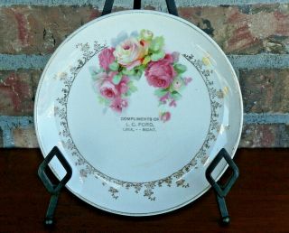 Antique Advertising Plate " Compliments Of L.  C.  Ford Lima,  Montana " Pink Roses