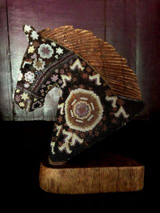 Beautifully Unique Colorful Beaded Carved Wooden Horse Head