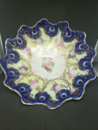Antique Flow Blue Cobalt Blue Bowl With Pink And Purple Flowers