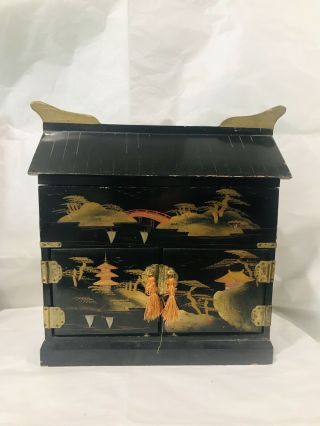 Antique Vintage Japanese Black Gold Lacquered Music Jewelry Trinket Wood Box