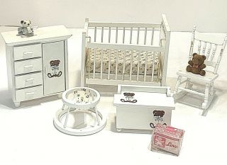 1:12 Vintage Miniature Dollhouse 5 Pc White Wood Baby Nursery Bedroom Set