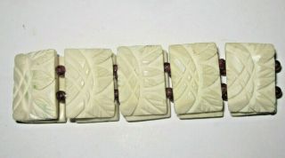Vintage Antique Carved Bovine Bone Garnet Beads Stretch Bracelet 10 Panels