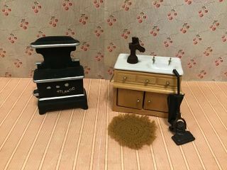 Vintage 1970s Doll House Play Furniture Set Kitchen Stove,  Sink,  Vacuum