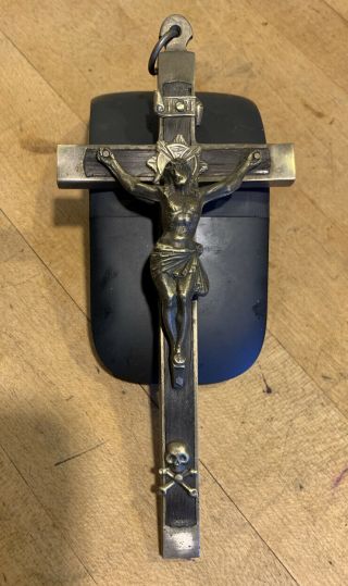 Antique Metal Wood Inlay Pectoral Crucifix Jesus Christ Cross Germany
