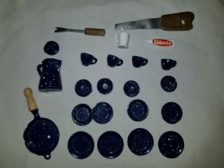 1/12 Dollhouse Miniatures Blue Splatterware Plates Cups Bowl Tea Pot Pan & More