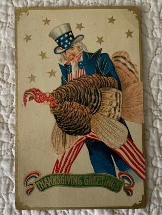 Vintage Antique Patriotic Thanksgiving Postcard Uncle Sam Turkey