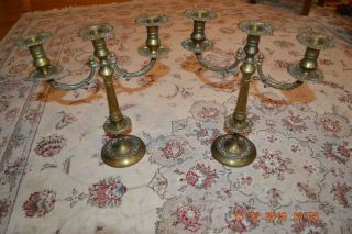 Pr Of Vintage Antique European Ornate Brass 3 Candle Candelabras