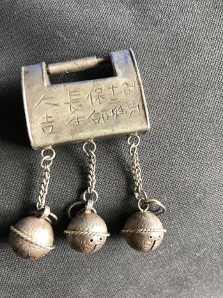 Antique Qing Chinese Silver Lock With Bells