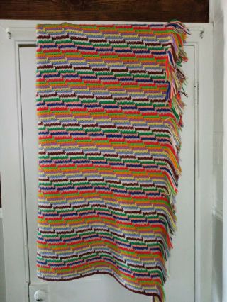 Vintage Crochet Afghan Lap Throw Blanket Handmade Fringe 70s Colors 86” X 60”