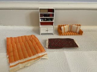 Vintage Lundby Of Sweden Orange Living Room Sofa Curtains Bookshelf 1:18 Scale
