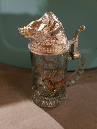 Vintage Glass Beer Stein With Boar 