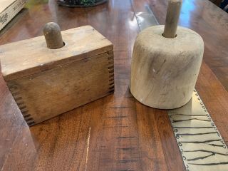 Set Of 2 Vintage Wooden Butter Mold Press Rectangular Dovetailed & Round Clover