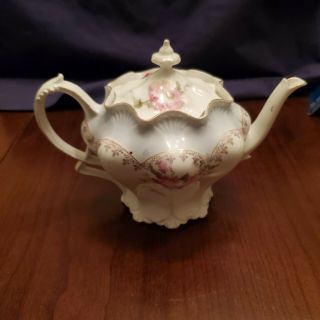 Antique Rs Prussia Hand Painted Pink Rose Floral Blue/white Teapot Unmarked