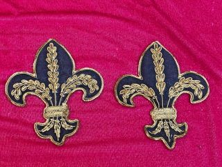 2 Antique French Gold Bullion Thread Hand Embroidered Velvet Fleur De Lis Patch