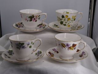Vintage Queen Anne Floral Patterns Tea Cups And Saucers Set Of 4