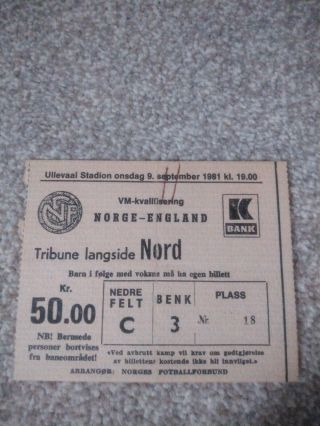 Norway V England Ticket Stub 9.  9.  1981 World Cup 82 Qualifier Rare
