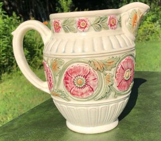 Vintage Antique Majolica Pitcher Cream Color W/ Green Pink Flowers A Beauty