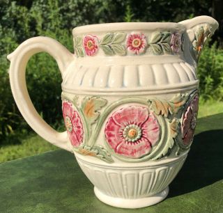 VINTAGE ANTIQUE MAJOLICA PITCHER CREAM COLOR w/ GREEN PINK FLOWERS A BEAUTY 2