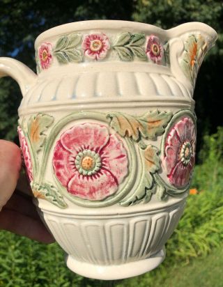 VINTAGE ANTIQUE MAJOLICA PITCHER CREAM COLOR w/ GREEN PINK FLOWERS A BEAUTY 3