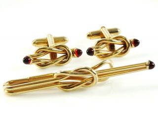 Vintage Knot Cufflinks Set With Tie Bar Clip Red Ends Cuff Links