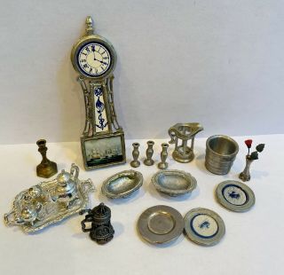 1:12 Scale Vintage Dollhouse Miniature Pewter Metal Dishes Plate Tea Pot Clock