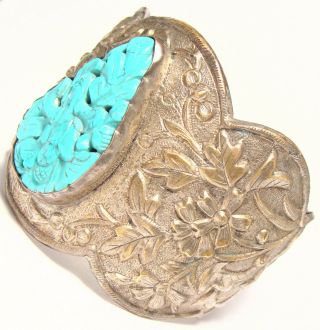 Antique Chinese Big Cuff Bracelet Ornate Carved Turquoise Signed Silver Plated