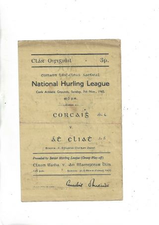 7/11/65very Rare Gaa Hurling League Championship Cork V Dublin