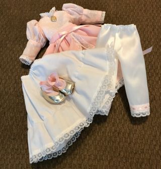 Vtg Doll Pink Polka Dot Dress Clothes For 11” Dolls Heart Pendant Shoes Slip
