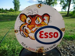 Rare Old Vintage 1957 Esso Tiger Gasoline Porcelain Enamel Gas Pump Sign