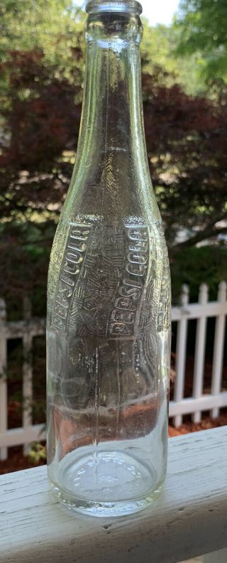 Vintage Rare Pepsi Cola Soda Bottle Vertical Print Tall Clear Glass 1940’s