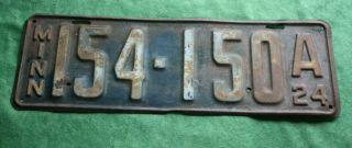 1924 Antique Minnesota Car License Plate 154 - 150a - Rusted
