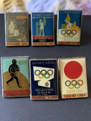 6x Rare Olympics Pin Badges Set Posters London La Tokyo Melbourne Athens Vintage