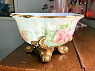 Antique Hand Painted Footed Bowl Pink Roses & Gold