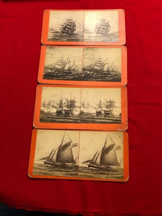 4 Antique Sailing Ships Stereoview Picture Cards Very Interesting Group
