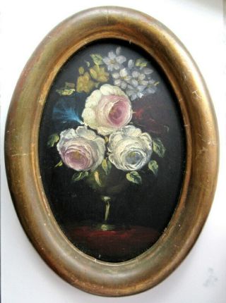 Small Old Vintage Pink Floral Roses Framed Oval Still Life Oil Painting