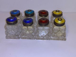 David Andersen Salt & Pepper - Set Of 8 Guilloche Enamel - Sterling Top - Crystal - Rare
