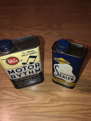 2 Vintage Oil Cans Whiz Motor Rythm Can And Rare Sunoco Radiator Seal Can Good C