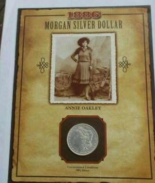 Rare Vintage 1886 Morgan Silver Dollar Coin Money & Postage Stamp Annie Oakley