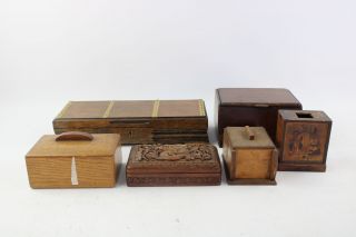 6 X Assorted Vintage Decorative Wooden Boxes Inc Brass Inlay,  Money Box Etc