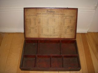 Antique Delco Buick Assortment Of Small Parts Wood Box Case Bin No 17394