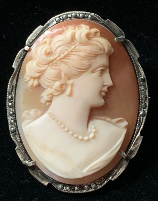 Antique Cameo Set In 800 Silver And Marcasite Mount