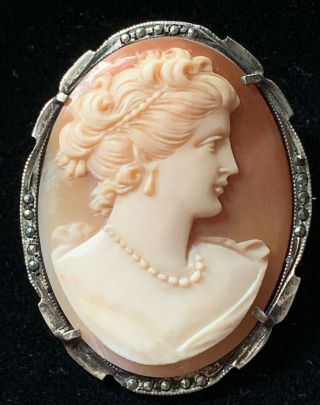 Antique Cameo Set In 800 Silver And Marcasite Mount 2