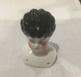 Antique China Shoulder Head With Black Molded Hair,  Blue Eyes,  2 1/2 Inches High