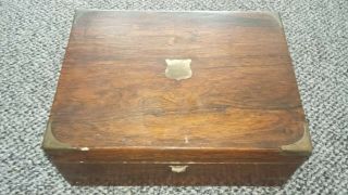 19th Century Wooden Writing Box.  Mahogany,  Rosewood Veneer.  Brass Fittings