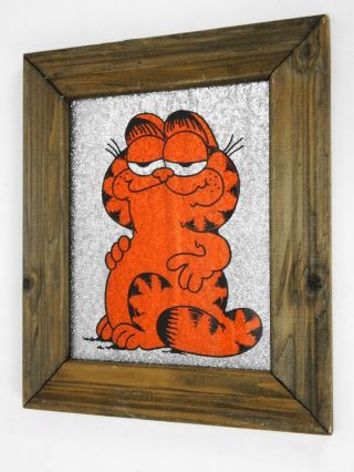 Vintage Garfield Cartoon Cat Glitter Art Wooden Frame Rare Piece