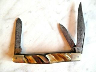 Vintage Rare Kabar Union Cutlery 3 Blade Folding Knife Caramel Celluloid