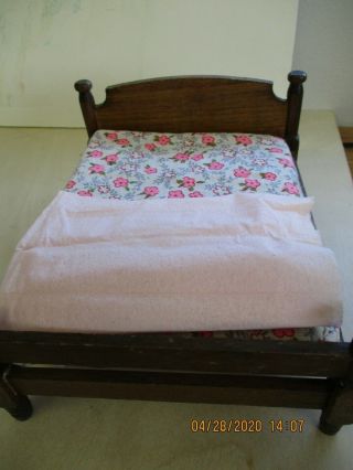 Vintage Dollhouse Double Wooden Bed With Mattress & Pink Blanket
