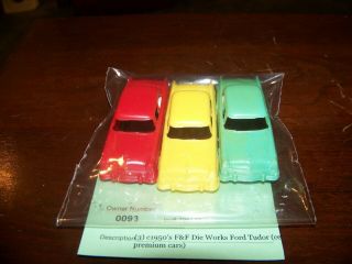 3 Vintage F&f Mold & Die Plastic,  Red,  Yellow,  Green Tudor Ford Rare