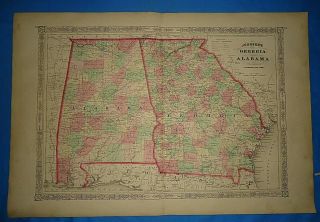 Vintage 1867 Map Alabama - Georgia Old Antique Atlas Map